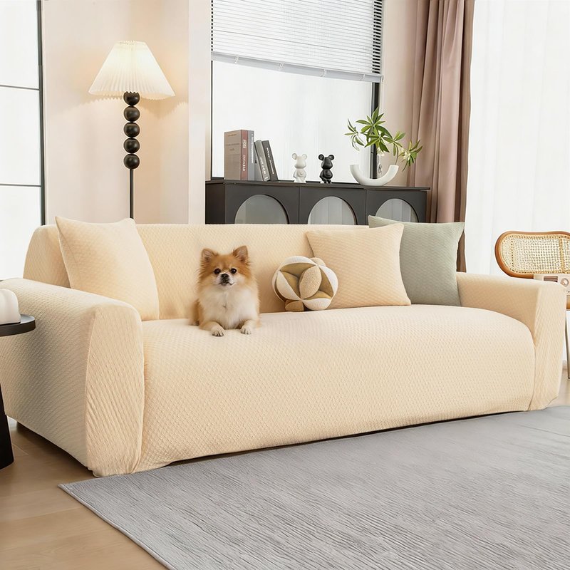 Oblu life Stretch Couch Covers, Couch Covers for 3 Cushion Couch Sofa pet Friendly, Washable, Furniture Protector Sofa with Elastic Bottom for Cats, Dogs (Puff Grid - Apricot, 3 Seats)