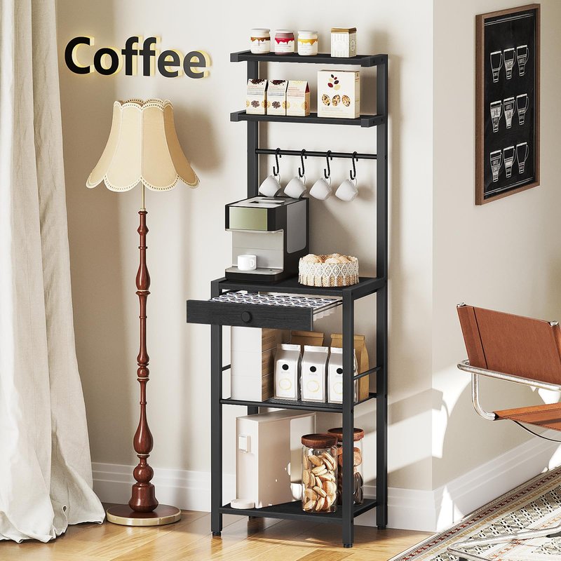 YATINEY Bakers Rack, 5-Tier Coffee Bar Station, Coffee Stand with Pod Drawer Holder, Versatile Kitchen Storage Rack with 4 Hooks, for Living Room, Cafe Corner, Black KF01BB