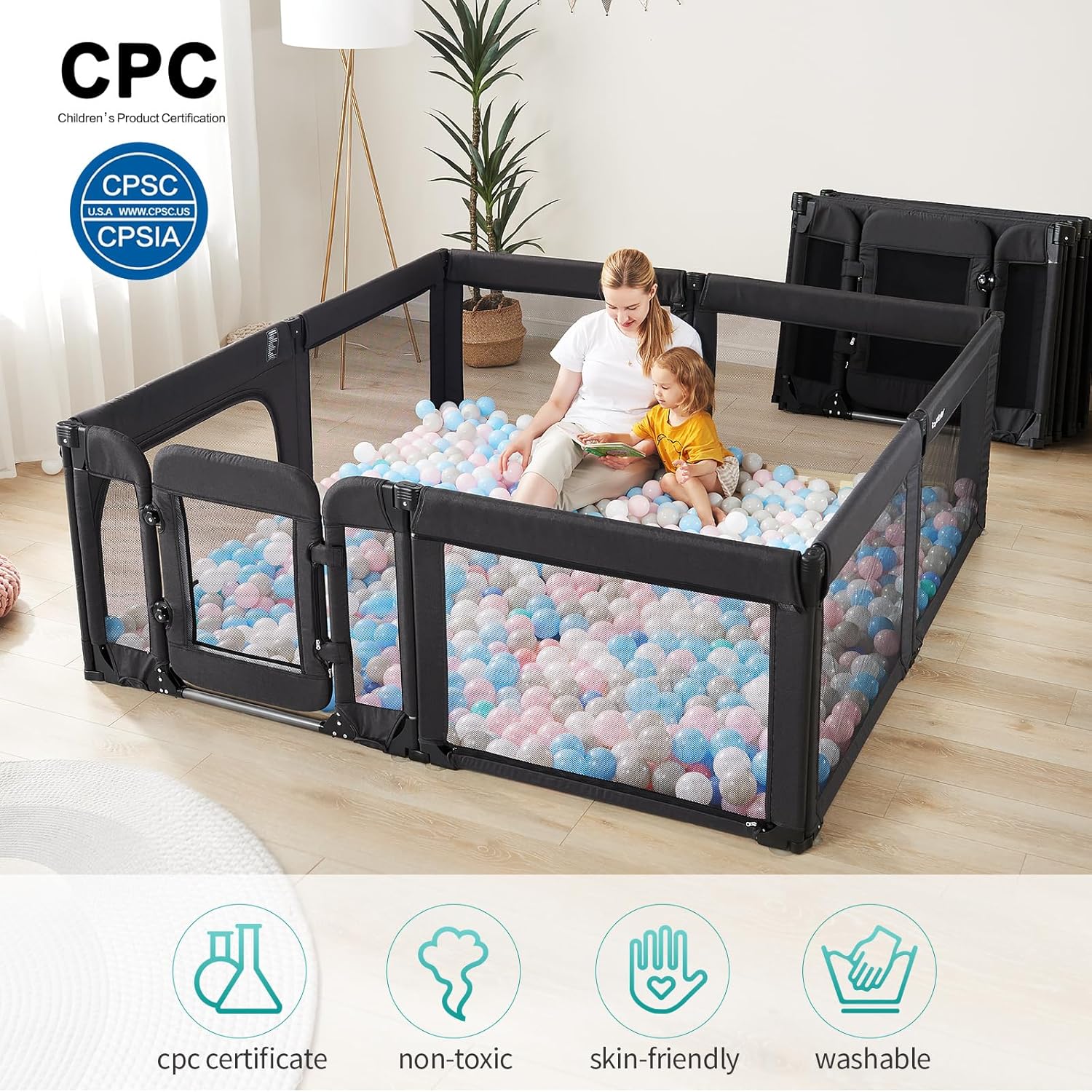 Regine Switzerland Baby Playpen - Foldable Adjustable Play Yard with Door | Heavy-Duty Toddler Playpen, Black