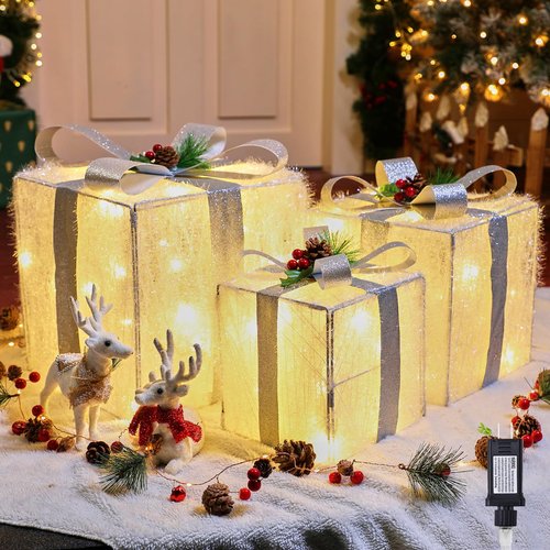 Brightown 3 Pieces Lighted Gift Boxes Outdoor Christmas Decorations, 12" 10" 8" with 60 Pre-Lit Mini String Lights，Foldable LED Boxes with Bows for Tree Indoor Outdoor Party Yard Home Decor