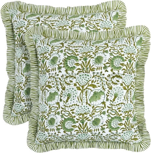 CPC Block Print Ruffle Throw Pillow Covers - Agate Green 16"x16" | 100% Cotton Boho Decorative Cases for Living Room & Bedroom