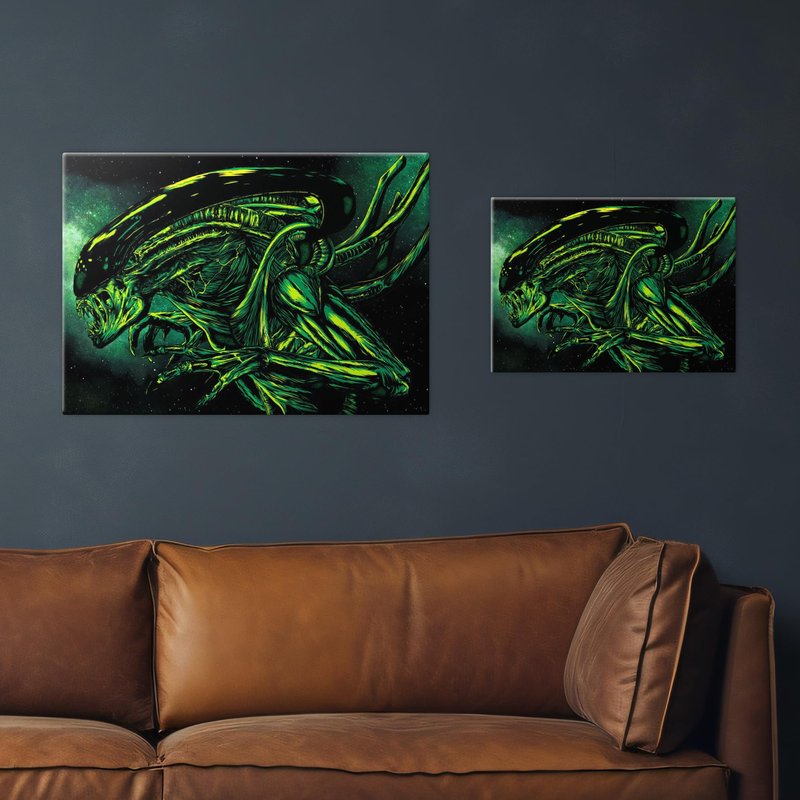 Displate Metal Poster Alien - Black And Green Alien - Easy Magnetic Mounting – Collectible Gift for Horror Fans – Fantasy Wall Art Room Decor Science Fiction Movie Posters - 12.6x17.7 in