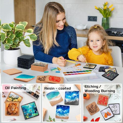 100 PCS Coaster Bulk for Laser Engraving, MAPRIAL 4 Inch 50 PCS Blanks Black Handmade Slate Stone Coasters, 50 PCS Cork Coasters, Engravable Materials for Engraver, Gifts, Crafts, Square