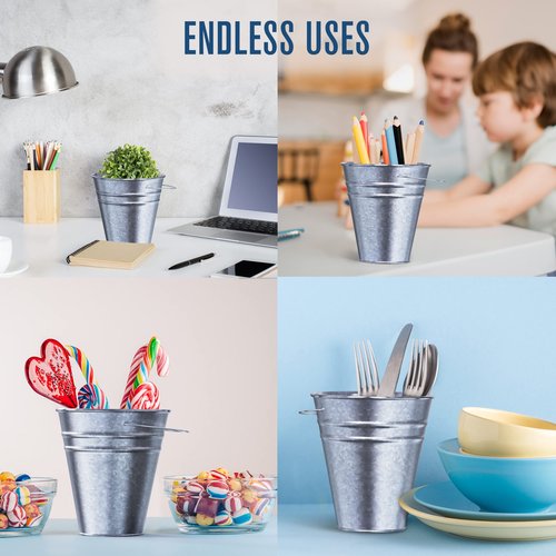 Houseables Galvanized Bucket, Small Metal Bucket, Metal Pail, Small Pail, Mini Tin Container, with Handle, Tin Cans for Crafts, Party Favor, Candy, Flower, Decorative, Silver, Little, 5 Inch, 12 Pack