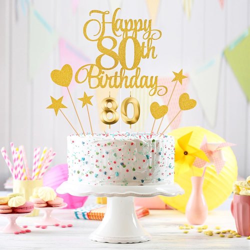 80th Birthday Cake Decorations - Glitter Happy 80th Birthday Toppers & Candles Set | Gold