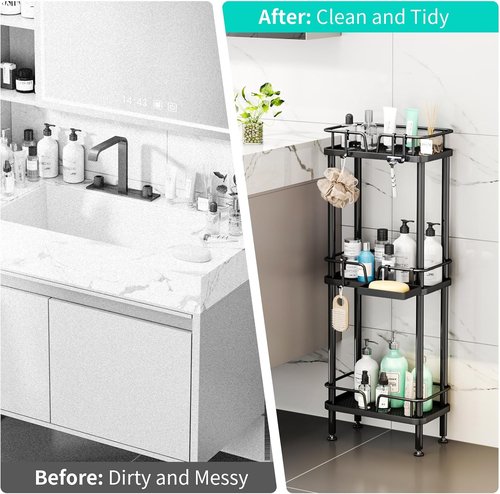 HapiRm 3-Tier Corner Shower Caddy - Rustproof Stainless Steel Organizer with Soap Holder & 4 Hooks | Black