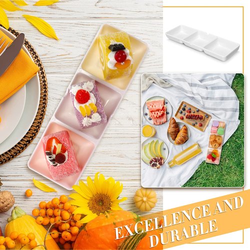 Eaasty 24 Pcs 8.7 x 2.8 Inch 3 Compartment Appetizer Serving Tray Plastic 3 Section Dessert Platters Rectangular Divided Plate White Compartment Serving Dishes Dipping Sauces Dinner Kitchen