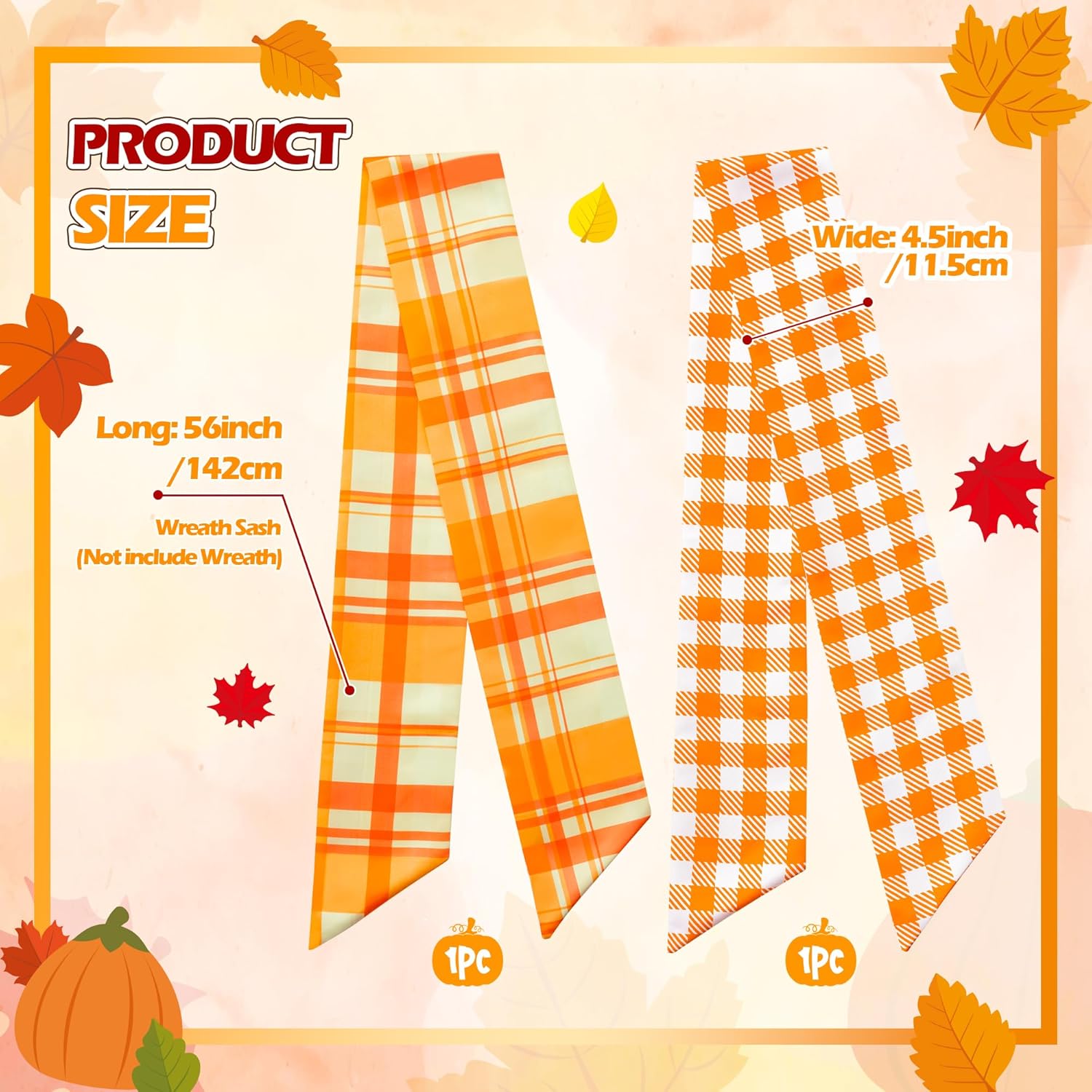 WATINC Wreath Sash - Autumn Orange 2-Piece Buffalo Check DIY Bow for Front Door Decor | Thanksgiving Satin Sash (56'' x 4.5'')