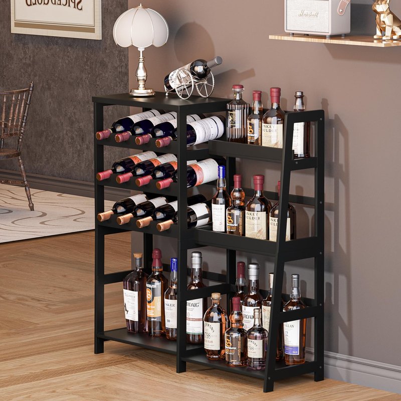 VASMIA Versatile Liquor Stand for Home Bar, Wine Rack Freestanding Floor, Mini Bar Table with Bamboo Trapezoidal Liquor Bottle Display Shelf Cabinet for Living Room, Natural
