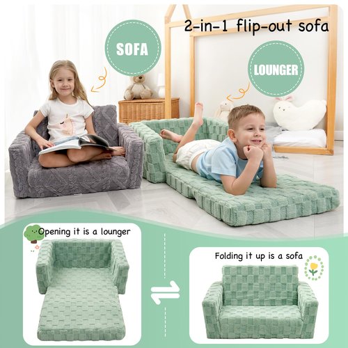 MallSingel Kids Sofa, Toddler Chair, 2-in-1 Flannel Kids Fold Out Couch, Toddler Convertible Sofa to Lounger, Flip Open Toddler Couch for Kids (White)