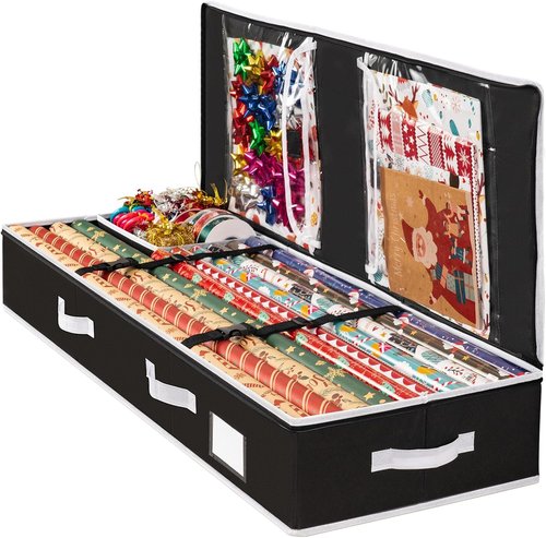 Criusia Gift Wrapping Paper Organizer - Durable Underbed Storage for 24 Rolls | Removable Dividers & Pockets, Black
