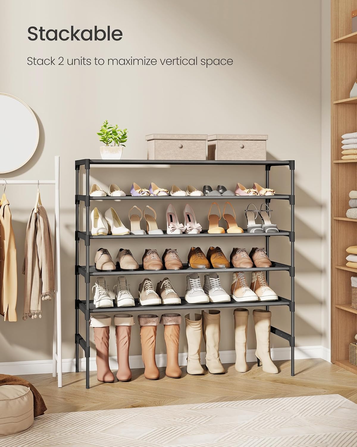 SONGMICS 3-Tier Shoe Rack - Space-Saving Organizer with Metal Frame & Non-Woven Fabric Shelves | Ink Black, 11.7 x 36.1 x 21 Inches