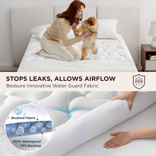 Bedsure Waterproof Mattress Protector - Quilted Fitted Pad for Queen Size Beds, Noiseless & Machine Washable, White, 60x80 Inches