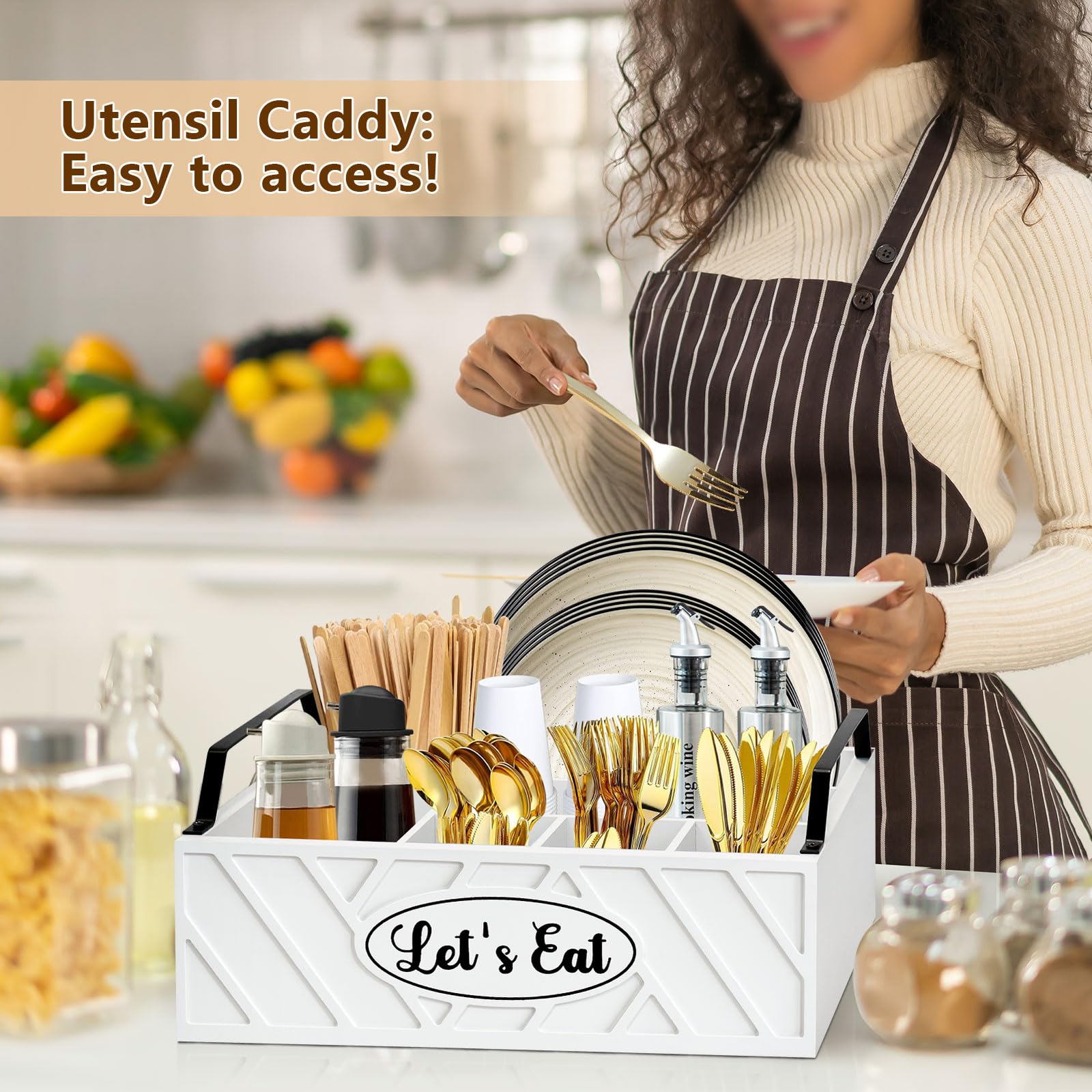 VOOTTOU Paper Plate Dispenser, Wood Paper Plate Holder with Handle for Kitchen Counter, Silverware Caddy for Cups, Spoons, Forks, Plates, Napkins, Utensil Holder for Party Camping Buffet (White)