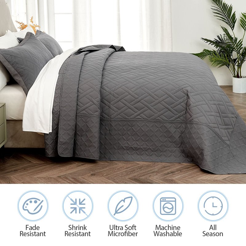 Qucover Oversized Bedspreads 128x120, 3 Piece Soft Microfiber Lightweight Navy Blue California King Quilt Sets, Ultrasonic Geometric Pattern King Size Bedspreads Oversized, with Pillow Shams