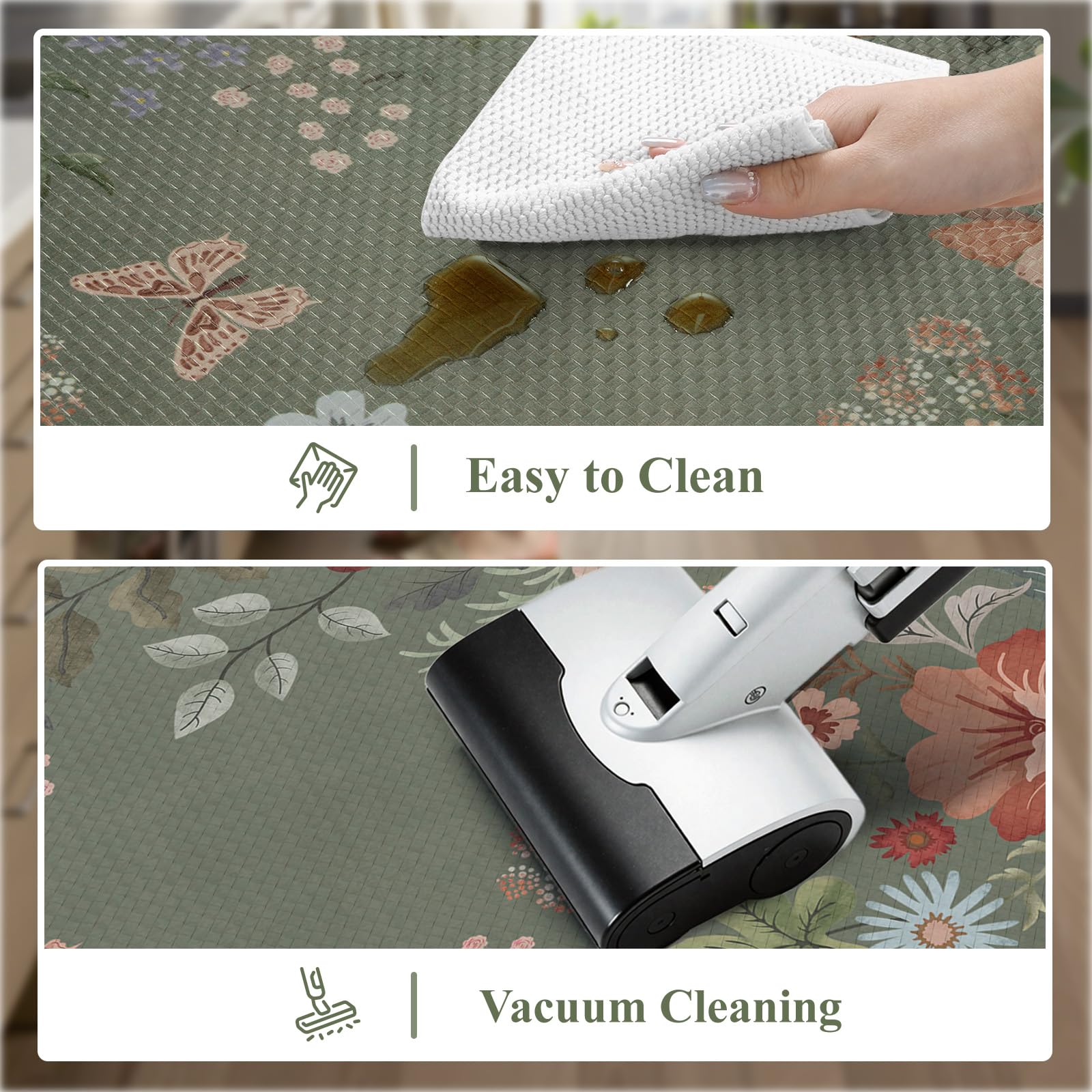 Collive Anti Fatigue Kitchen Mats, Scalloped Green Floral Kitchen Rugs Set of 2 Non Slip Waterproof Standing Mat, Memory Foam Comfort Desk Rug for Office, Sink, Laundry, 17.3"x29"+17.3"x47"