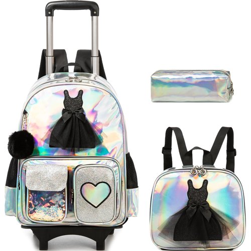 Meetbelify Rolling Backpack for Girls Backpack with Wheels for Elementary Student Kids School Bag with Lunch Box Pencil Case for Girls Ages 6-8 Years Old Black