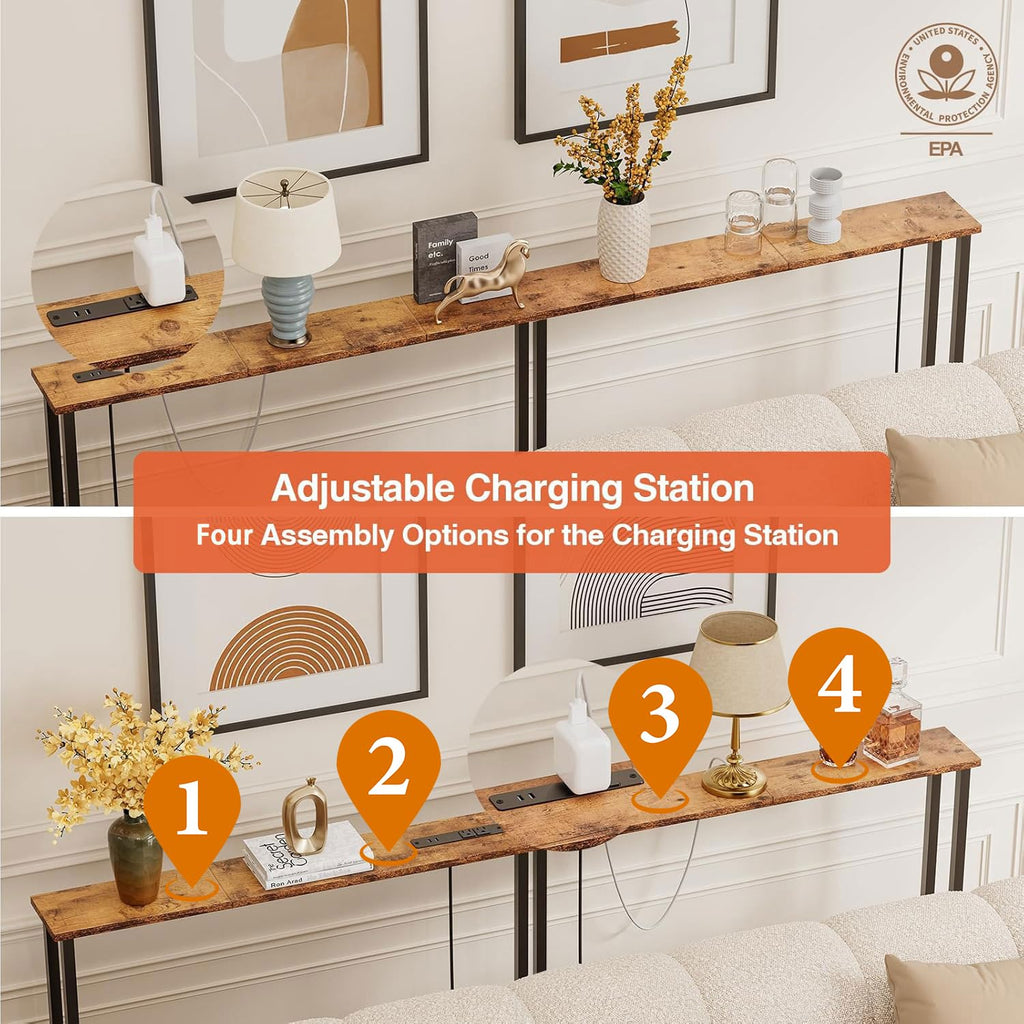 Keelian 78" Narrow Console Sofa Table with Power Outlets & 2 USB Ports, Metal Frame, Rustic Brown, Perfect for Hallway, Office, and Behind Sofa - Easy Assembly, 4.9' Extension Cord Included