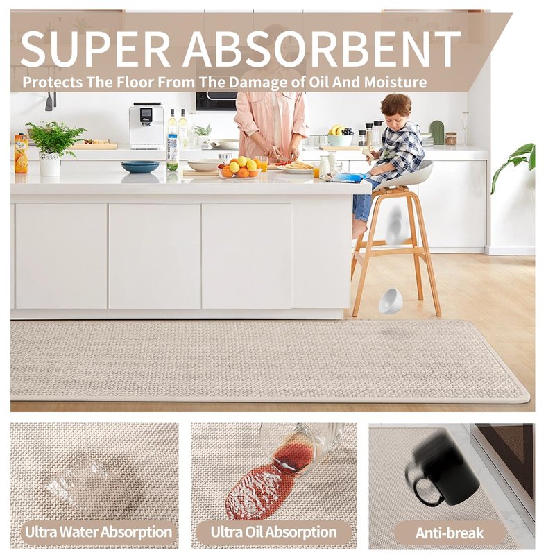 YDKGL Kitchen Mats for Floor, Super Absorbent Kitchen Rugs Non Slip Washable, Soft Imitation Linen Braided Kitchen Runner Rug, Standing Mat Kitchens Sink Mat, Easy to Clean, Beige 17x95