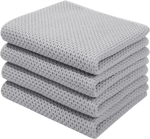 Homaxy Kitchen Dish Towels - 100% Cotton Waffle Weave, Ultra Soft & Absorbent, 13 x 28 Inches, 4-Pack, Light Gray