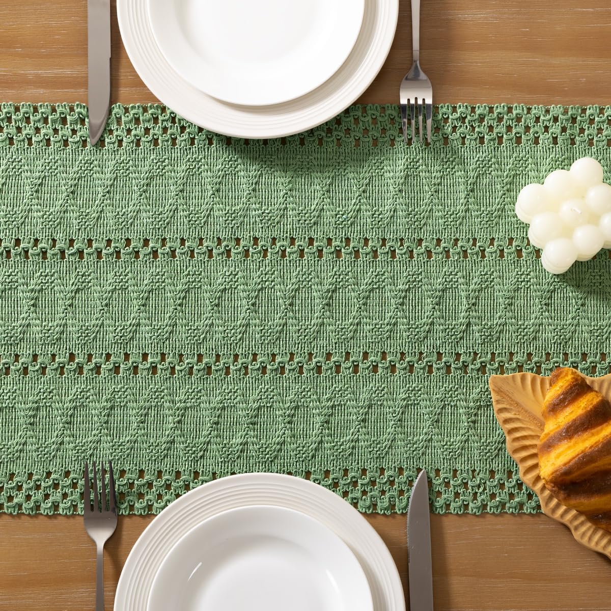 Socomi Sage Green Boho Table Runner - Rustic Macrame Woven Cotton Linen Decor | 12x60 Inch for Spring Dining