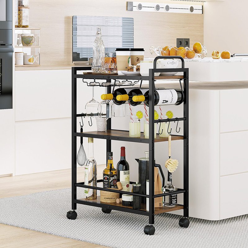 Home Bar Serving Cart, Serving Cart with Wheels and Handle, 3 Tier Rolling Kitchen Cart, Microwave Cart, Beverage Cart with Wine Holder and Glass Holders, for Dinning Room, Living Room, Kitchen
