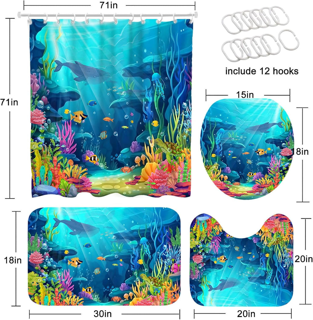 Skiennix Ocean Shower Curtain Set - Tropical Underwater World Design with Non-Slip Bath Rugs & Toilet Lid Cover | 4-Piece Kids Bathroom Decor