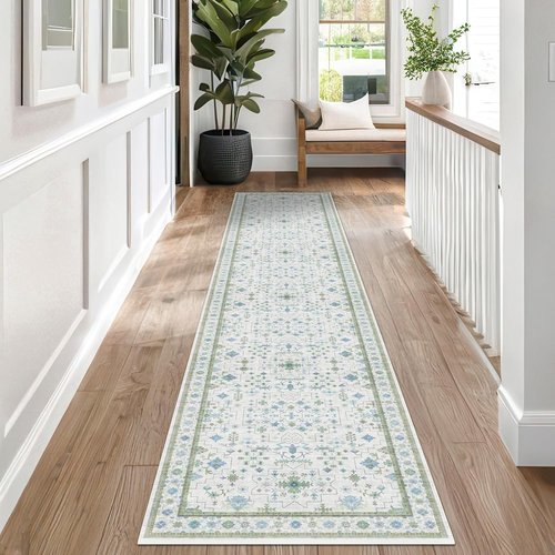 Hazo Haus Oushak Runner Rug - Vintage Turkish Floral Design | Washable Low Pile, Non-Slip | 2'6"x10' - Blue & Green
