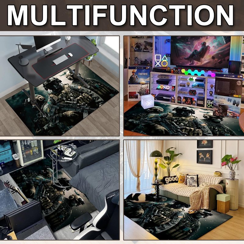 Shooting Game Rug Teen Boys Carpet with Battle Games Element Decoration Mat, War Game Rugs for Boy’s Bedroom Living Room Playroom, Non-Slip Children Gaming Area Rugs (Threesome, 60" x 40")