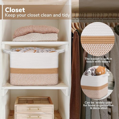 Goodpick Woven Storage Baskets - Cotton Rope Organizers for Home Decor | 13"x10"x9" | White & Camel Mix