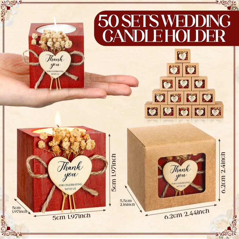 Jingmore 50 Sets Wedding Candles Favors Bridal Shower Thank You Gifts for Guest Rustic Wood Candle Holders Bulk Tealight Holder Baptism Favors Recuerdos para Boda(Dark Brown)