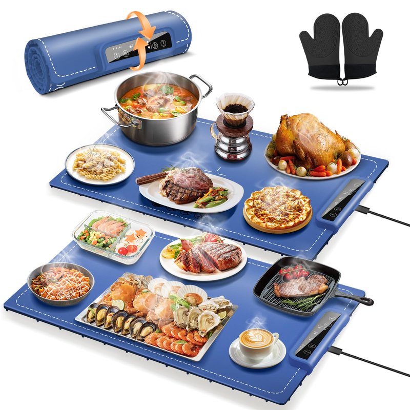 2-Pack Food Warming Mats for Countertop, Electric Roll-Up Silicone Heating Pads, 3 Temps, Timer & Child Lock, Foldable Warming Tray for Buffet, Kitchen, Travel & Gifts