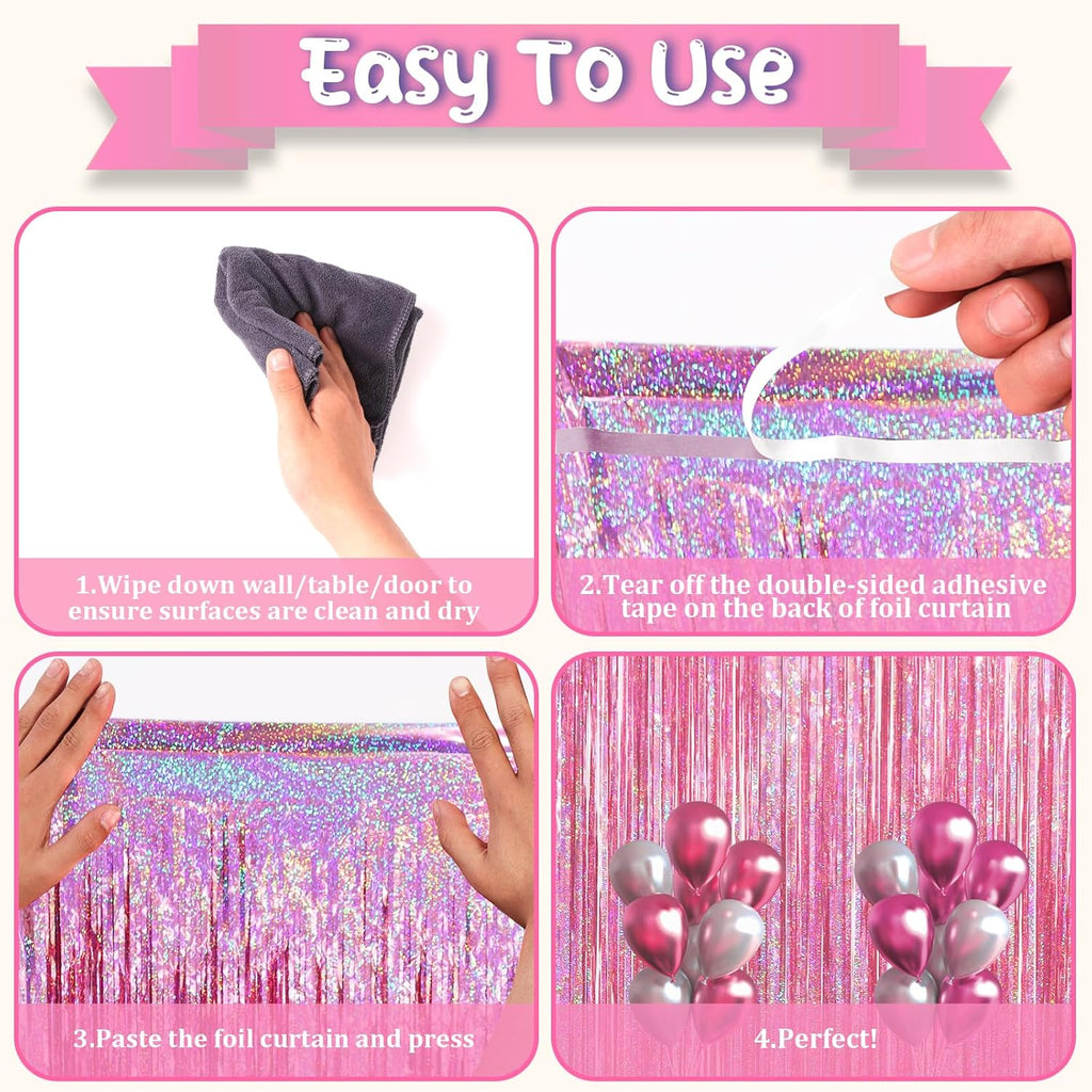 Voircoloria 2 Pack Laser Pink Tinsel Foil Fringe Curtains - Metallic Party Streamers Backdrop for Celebrations