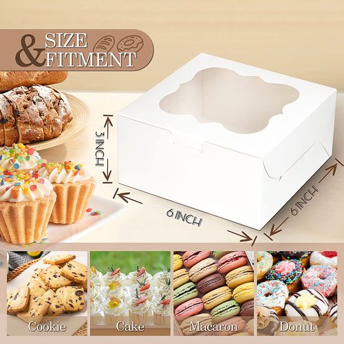KPOSIYA 65PCS Bakery Boxes with Window 6x6x3 Inches 5 Style Cookie Boxes Small Pastry Boxes for Candy, Dessert, Pastry, Donuts, Birthday Party, Wedding(White)