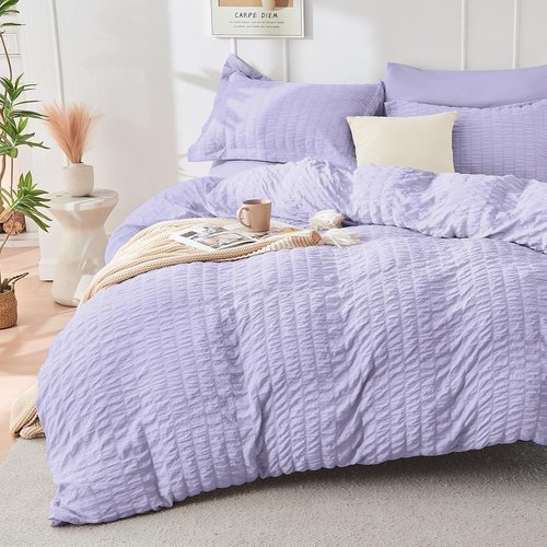 HYMOKEGE King Size Comforter Set - Luxurious Light Purple Seersucker 7-Piece Bedding Set