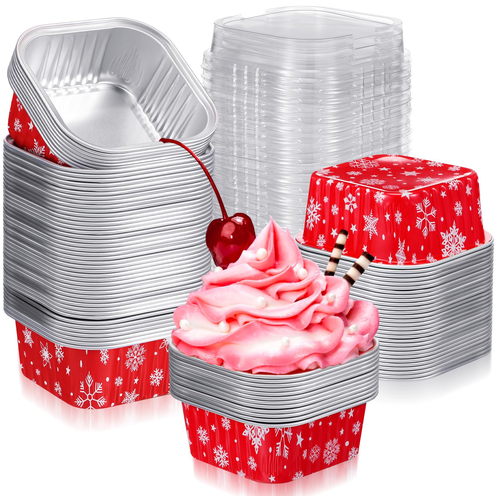Suttmin 100 Pcs Christmas Aluminum Cups Foil Cupcake Container with Lids 5 oz Xmas Square Foil Pan Holder Mini Disposable Ramekins Cake for Xmas Party(Snowflake)
