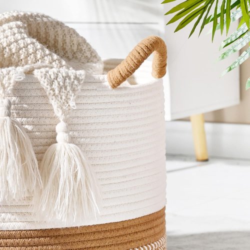 KAKAMAY Large Woven Blanket Basket - Cotton Rope Storage Hamper for Baby Toys & Laundry | White/Brown