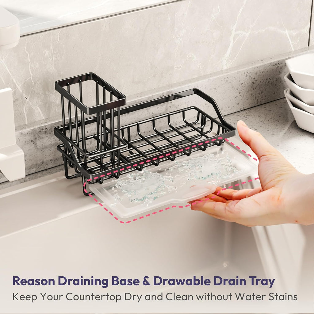 SWTYMIKI Sink Caddy Sponge Holder - Stainless Steel Kitchen Organizer for Dish Soap & Sponges, Black