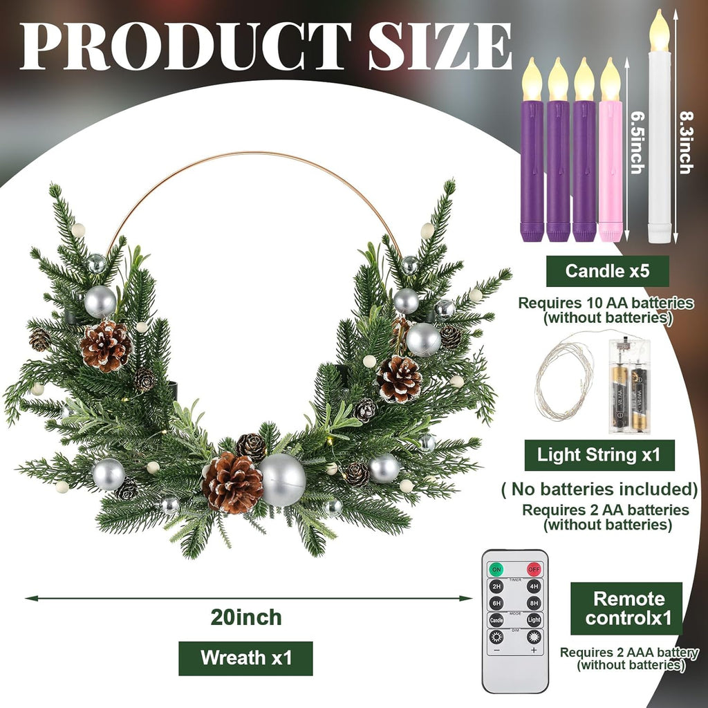 Suncalla Advent Wreath Set - 5 Flameless Candles with Timer Remote | 20-Inch Pine Cone Holiday Decor