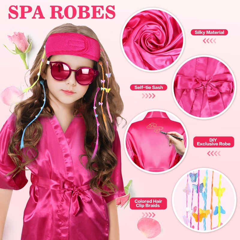 30 Pcs Kids Spa Party Supplies for Girls: Kids Satin Robes Salon Stuff Kit - 6 Robes 6 Basins 6 Makeup Headband 6 Towels 6 Hair Clip Braid - Foot Spa Sleepovers Slumber Birthday Favor (Rose Red)