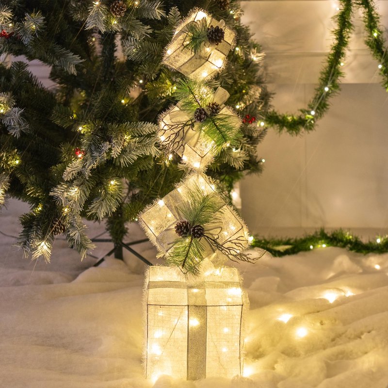 Hourleey Set of 4 Christmas Lighted Gift Boxes, 3FT Pre-lit 70 LED Stackable Light Up Present Boxes Ornament, Xmas Tinsel Boxes Decorations for Indoor Outdoor Home Yard Lawn Décor