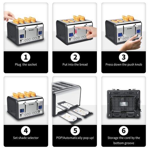KitchMix Toaster 4 Slice, Bagel Stainless Toaster with LCD Timer, Extra Wide Slots, Dual Screen, Removal Crumb Tray (Gray)