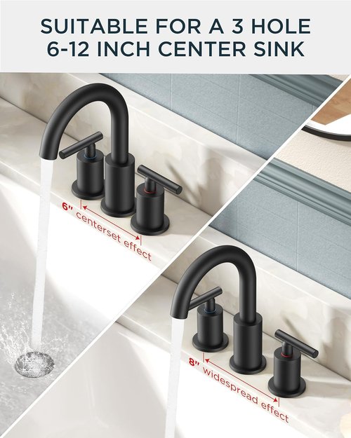 FORIOUS Black Bathroom Faucet - 8-Inch Widespread Matte Black Sink Faucet with 360° Swivel Spout | Includes Pop-Up Drain