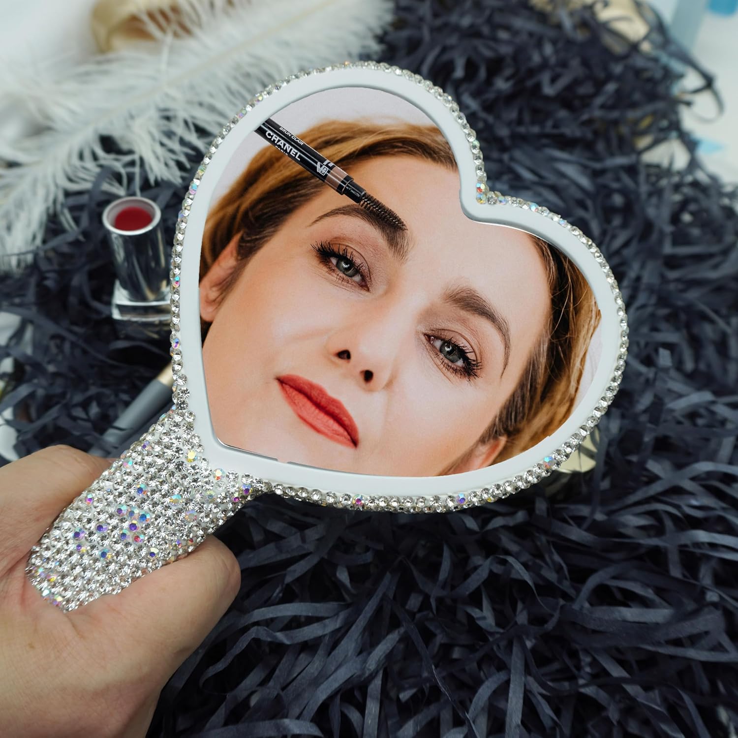 Skiennix Large Rhinestone Handheld Mirror - Dazzling Glitter Design | Portable Heart-Shaped for Weddings