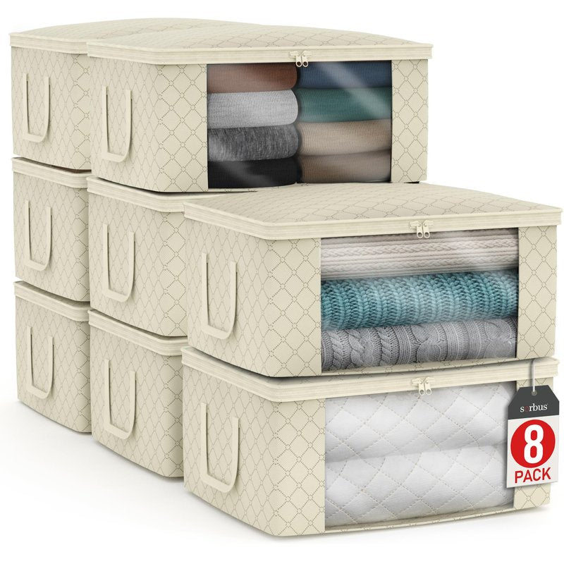 Sorbus Medium Clothes Storage Bags - Foldable Blanket Storage Bins for Organizing Bedroom, Closet, Clothing, Comforter, Organization with Clear Window, Lids and Carry Handles - Set of 8
