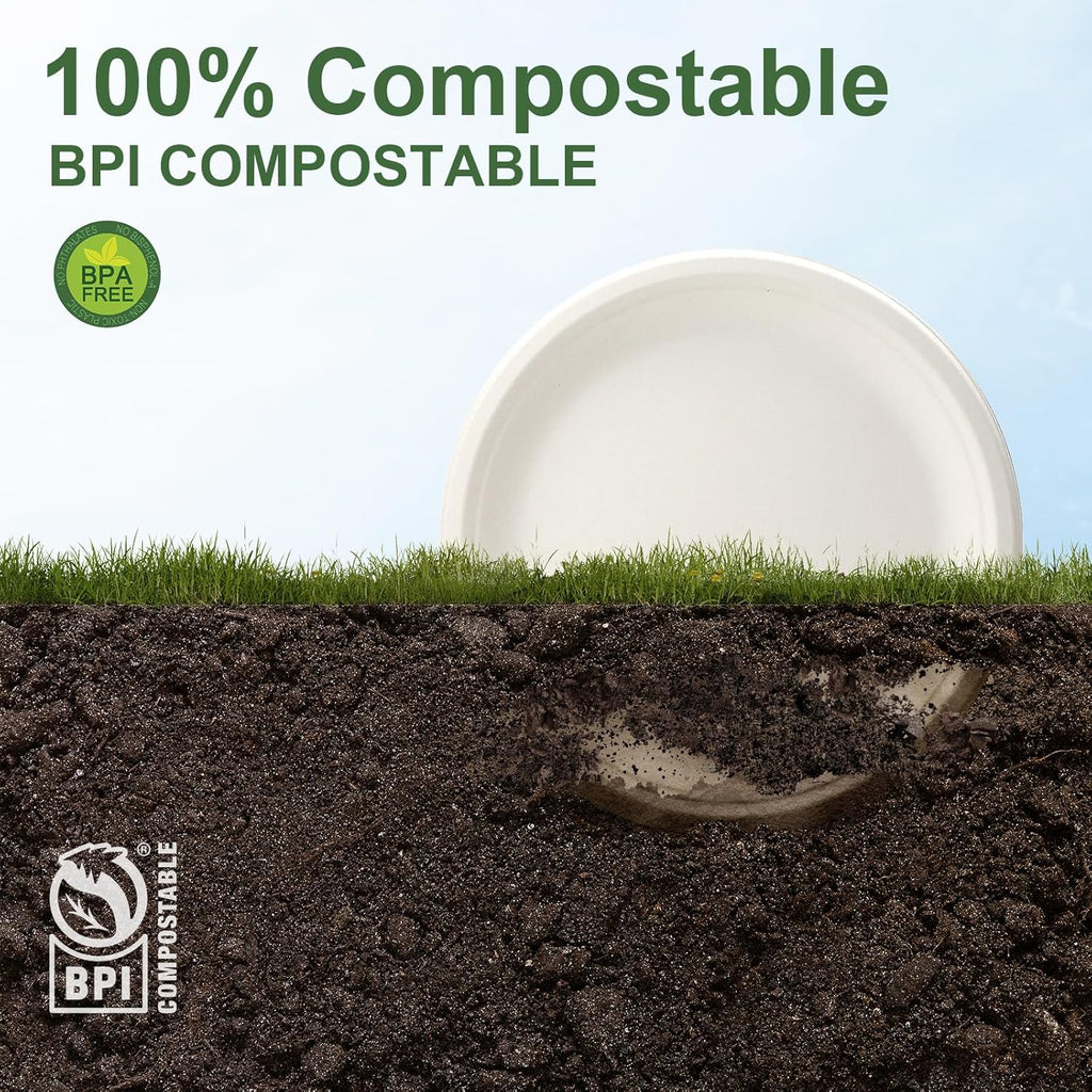 WELLIFE 10-Inch Compostable Paper Plates - 125-Pack Heavy Duty, Eco-Friendly & Microwaveable | BPI Certified