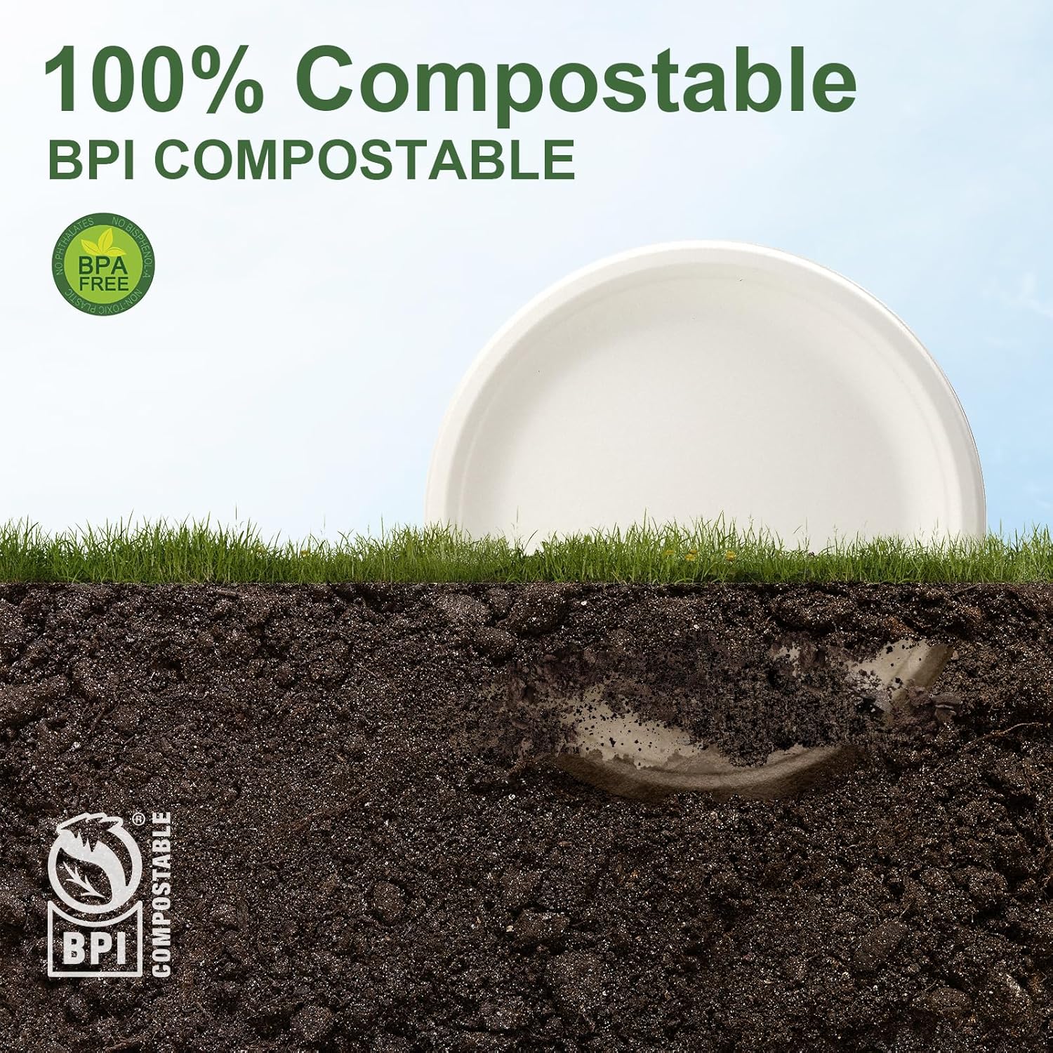WELLIFE 10-Inch Compostable Paper Plates - 125-Pack Heavy Duty, Eco-Friendly & Microwaveable | BPI Certified