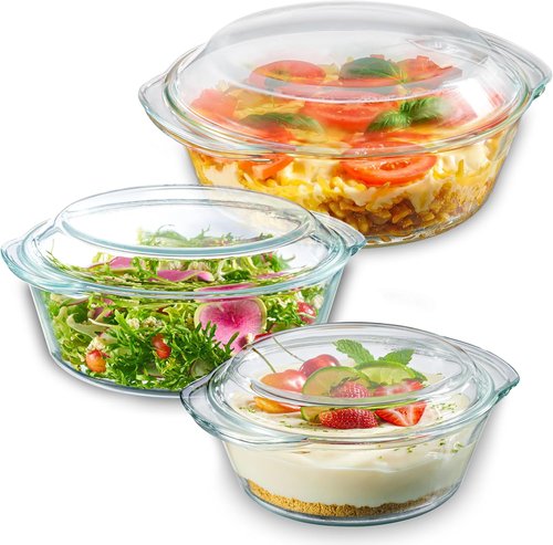 Le'raze Glass Tureen Dishes Set - 6-Piece Durable Borosilicate Bakeware with Lids | Microwave Safe, Clear Casserole Cookware