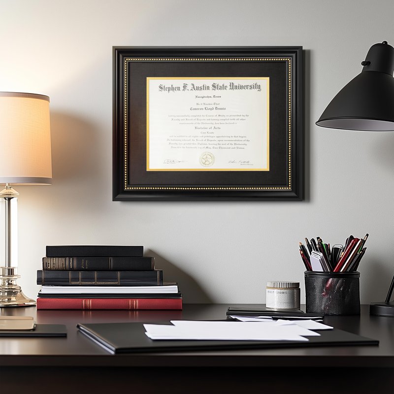 Yaetm 11x14 Diploma Frame, Certificate Frame with Tempered Glass, Display 8.5x11 Document with Black Over Gold Acid-free Mat, Degree Frames for Wall and Tabletop, Black with Gold Beads, 2 Pack