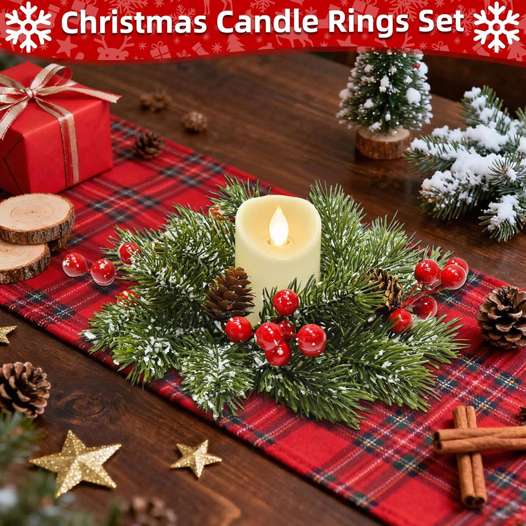 Skiennix 4 Pcs Christmas Candle Rings - Flocked Pine & Red Berry Decor for Holiday Centerpieces